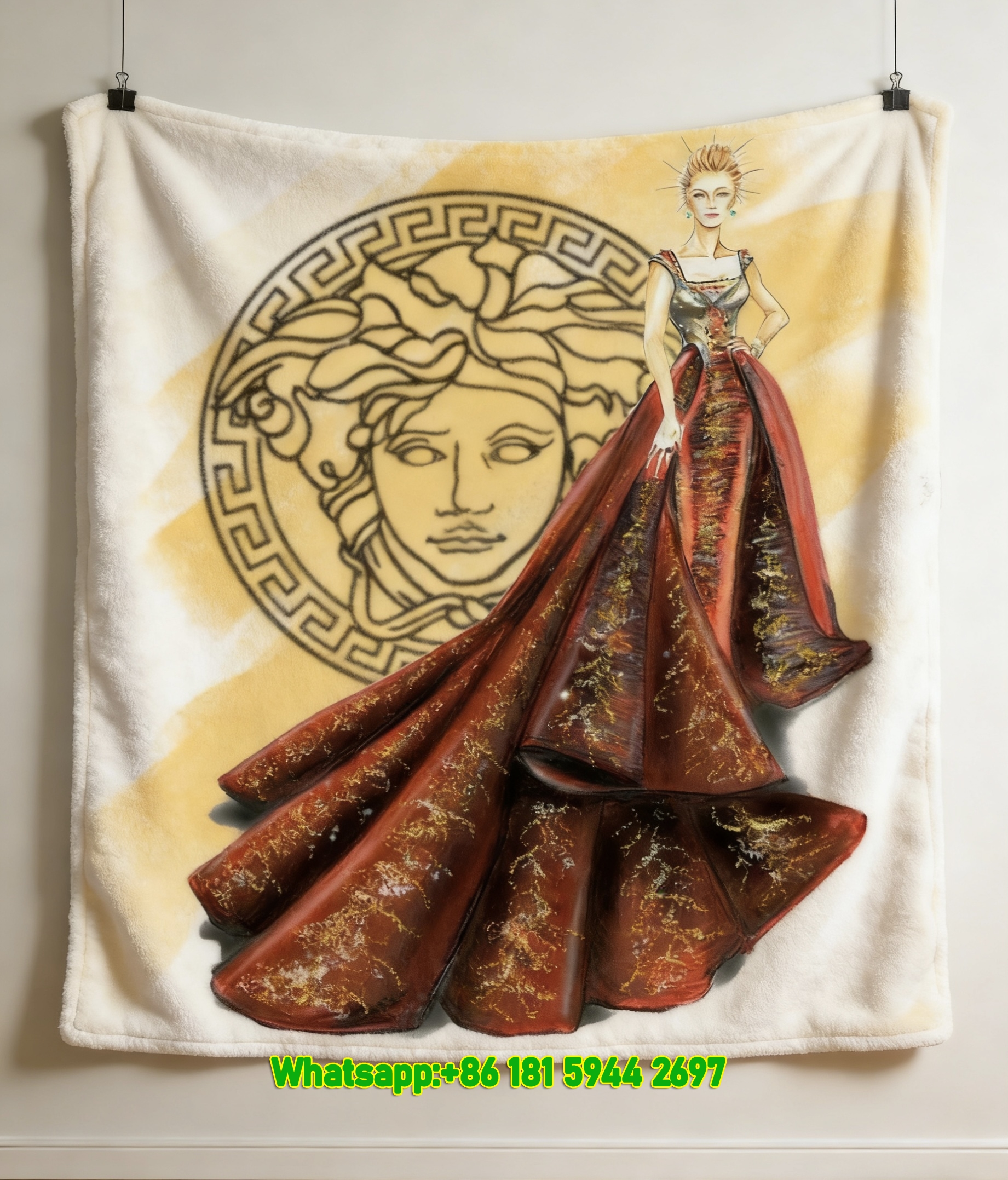 Versace Red Gold Medusa Fashion Illustration Print Flannel Sofa Throw Blanket IMG_1758